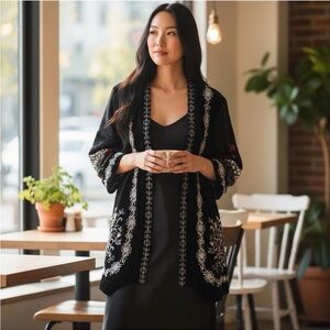 JohnMark Embroidered Black Kimono with Floral Accents (XL)